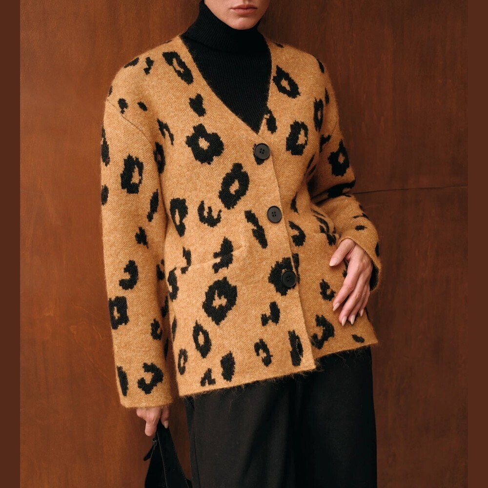 Tan Leopard Print Knit Button Front V Neck Oversized Cardigan